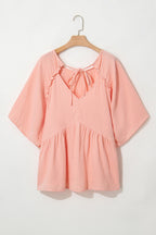 Apricot Pink Plus Size Crinkle Flounce Sleeve Babydoll Blouse