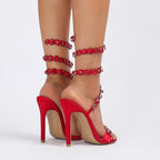 Lishan Womens Size 7.5 Red Satin Rhinestone Open Toe 5" Heel Ankle Wrap Shoes
