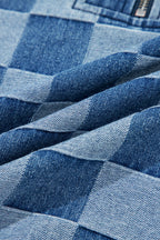 Sky Blue Checkerboard Zipped Collar Kangaroo Pocket Denim Hoodie