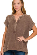 Zenana Washed Double Gauze 3/4 Button Henley Neck Shirt