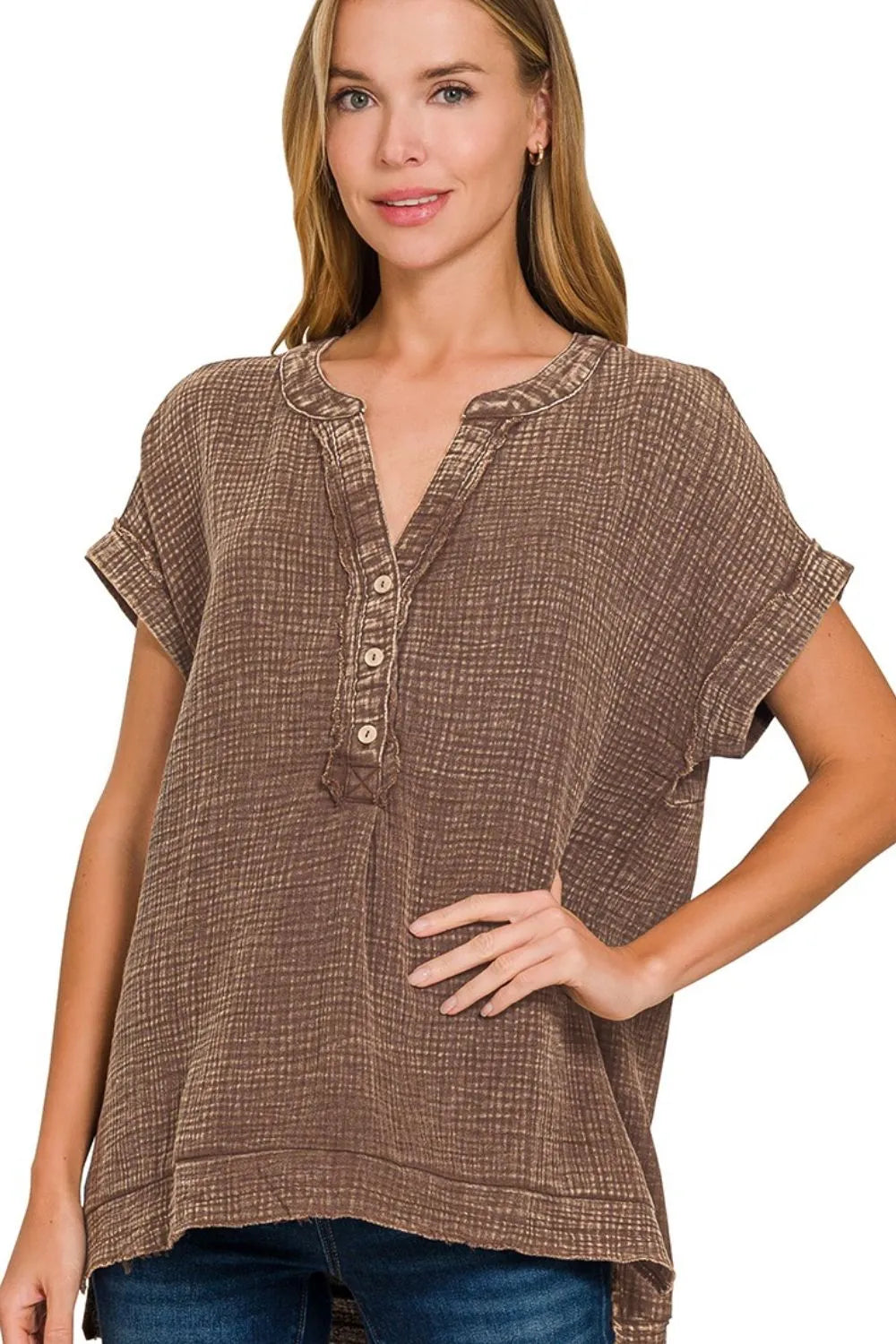 Zenana Washed Double Gauze 3/4 Button Henley Neck Shirt