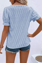 Beau Blue Solid Color Textured Notched Neck Puff Sleeve Blouse