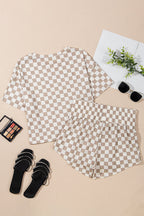 Brown Checkerboard T Shirt and High Waist Skorts Set