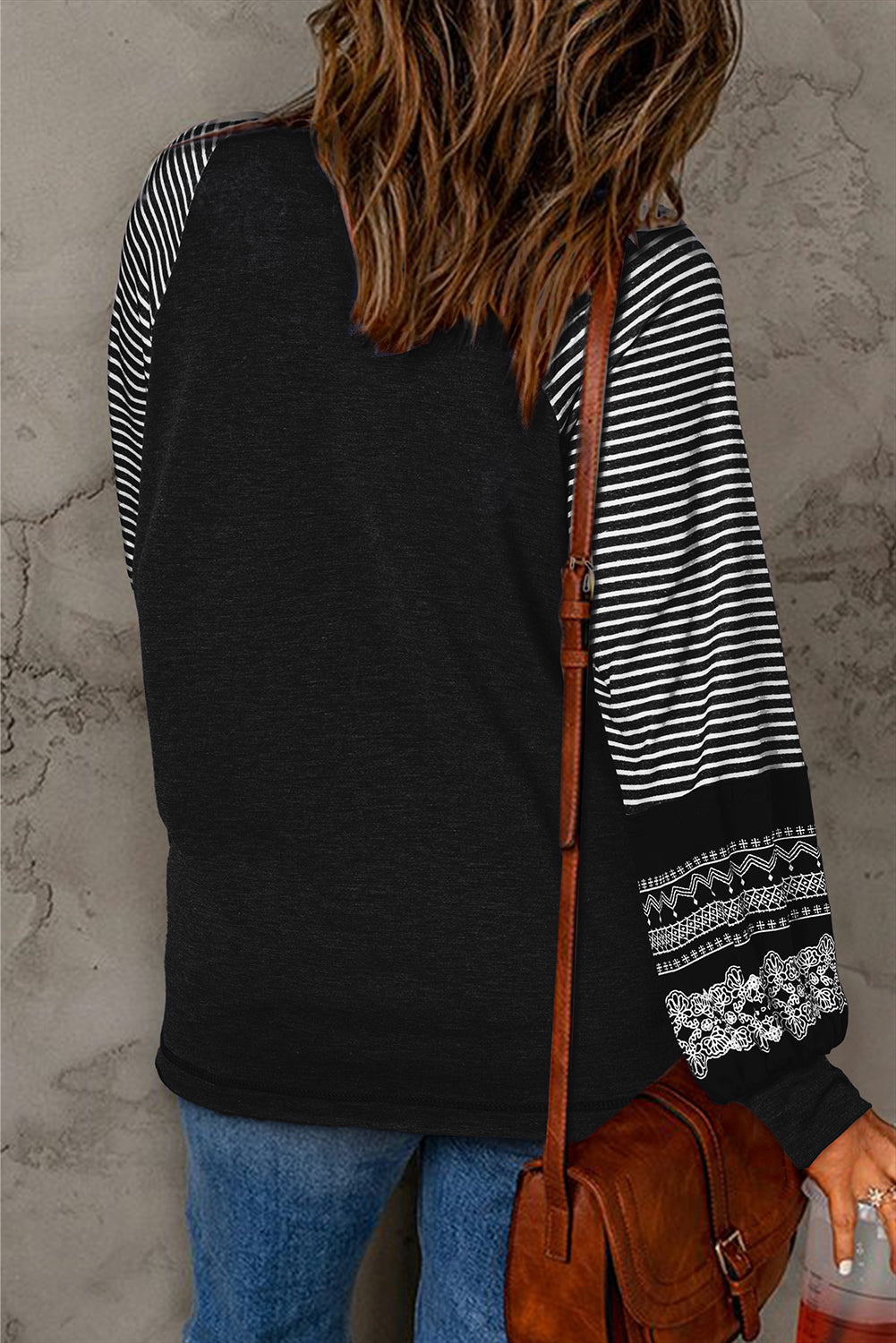 Tillandsia Purple Contrast Print Striped Raglan Long Sleeve Loose Top