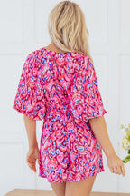 Pink Abstract Print Puff Sleeve V Neck High Waist Romper