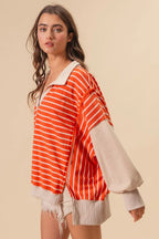 BiBi Stripe Knit Loose Fit Top With Cut Edge Detail