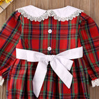 Round Neck Lace Long Sleeve Western Style Plaid Dress