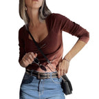 Womens Solid-color Slim-fit Long-sleeve Top