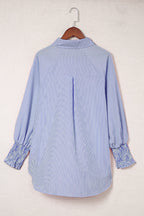 Blue Stripe Striped Casual Shirred Cuffs Shirt