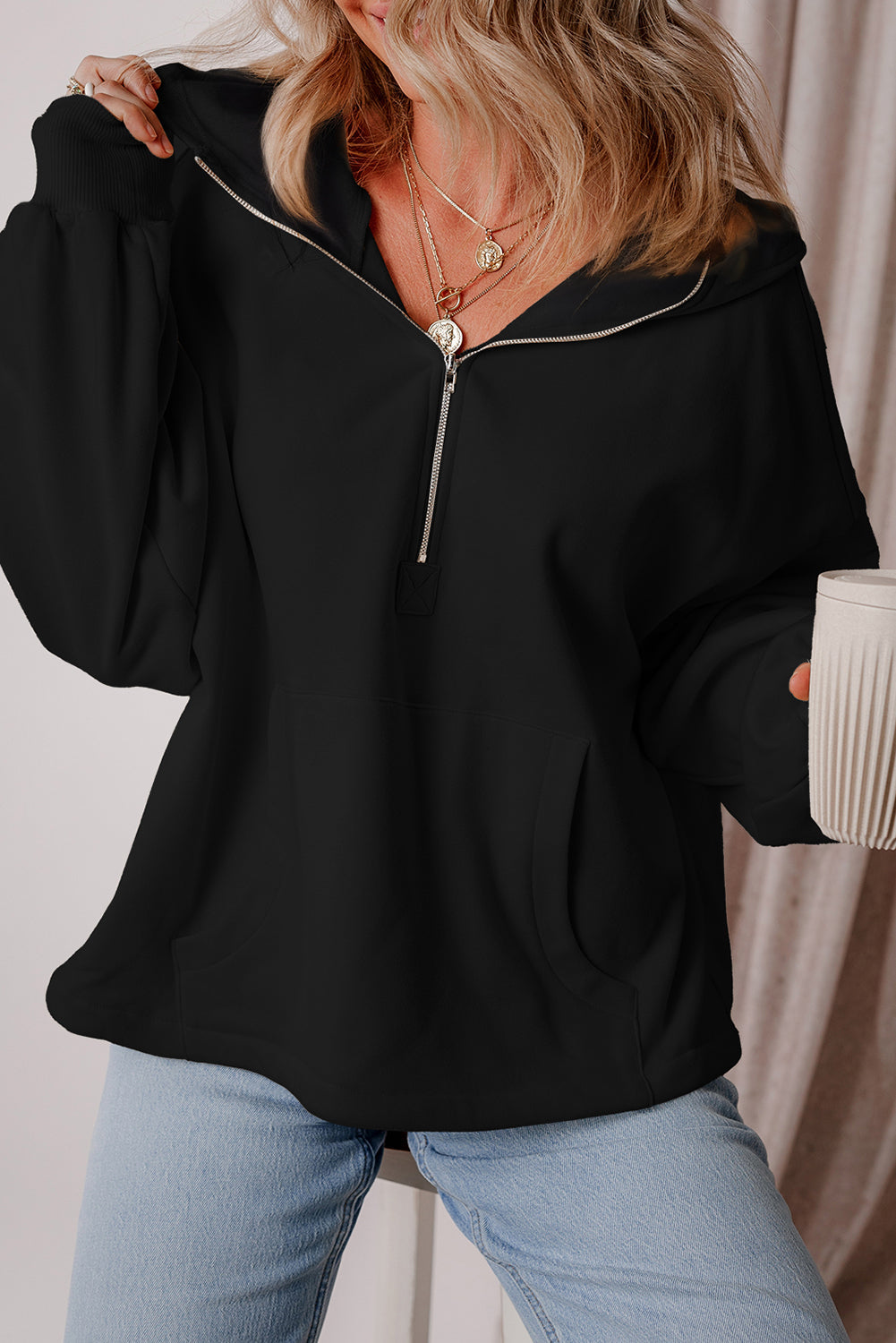 Orange Half Zipper Kangaroo Pockets Drop Shoulder Hoodie