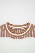 Khaki Two Tone Striped Patchwork Drop Shoulder Loose Sweater