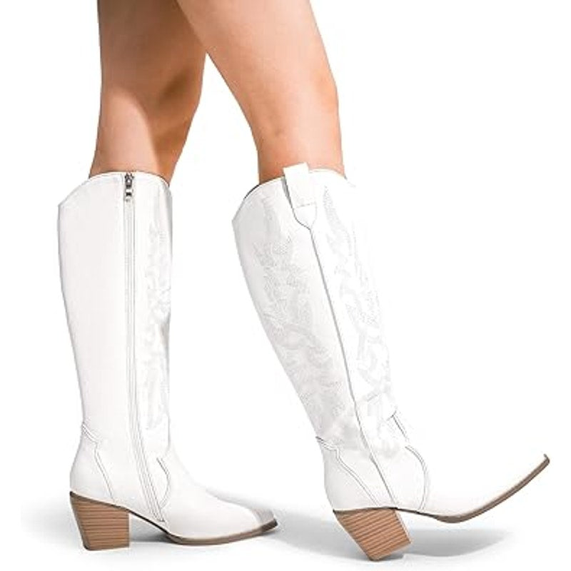Dream Pairs Womens Size 8 White Faux Leather 3" Block Heel Western Cowboy Boots