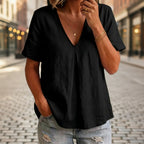 Women's Pleated Cotton-Linen Short-Sleeve Shirt – 5 Colors S–XXL