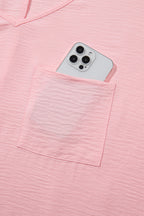 Pink Textured Half Sleeve V Neck Plus Size T Shirt with Chest Pocket