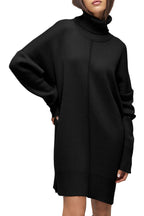 Black Solid Color Turtleneck Drop Shoulder Loose Sweater Dress