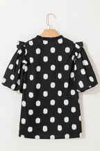 Rose Polka Dot Print Shirred Notched Neck Puff Sleeve Blouse