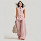 Women's Stand Collar Sleeveless Top & High-Waist Wide-Leg Pants Set
