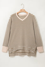 Khaki Stripe Textured Dolman Sleeve High Low Plus Size Top