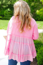 Navy Blue Frill Tiered Patchwork Ribbed Trim Flowy Plus Size Top
