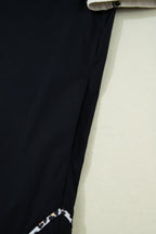 Black Leopard Trim Notched Neck Short Puff Sleeve Shift Mini Dress