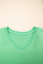 Mint Green V Neck Drop Shoulder Tee and Patchwork Drawstring Shorts Set