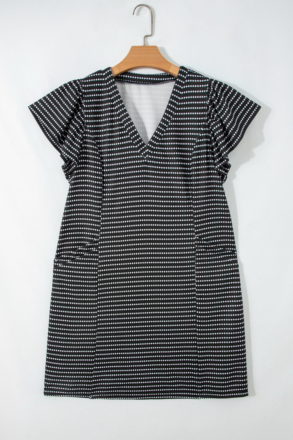Blue Stripe Textured Knit V Neck Flutter Sleeve Shift Mini Dress
