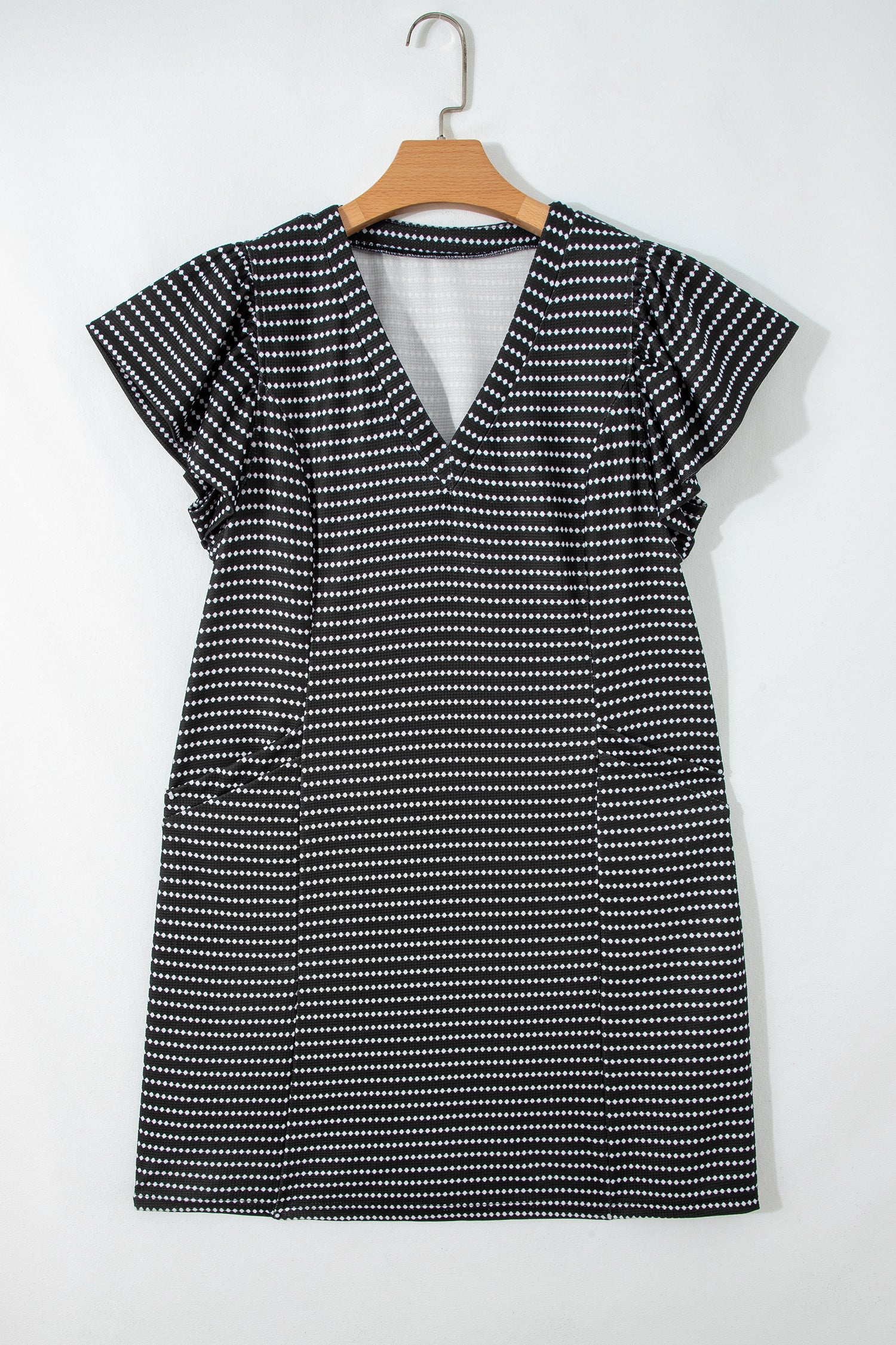 Blue Stripe Textured Knit V Neck Flutter Sleeve Shift Mini Dress