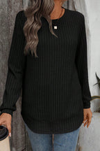 Black Ribbed Texture Round Neck Long Sleeve Rounded Hem Knit Top