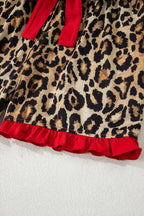 Racing Red Retro Plaid Leopard Print Patchwork Long Sleeve Shorts Pajama Set