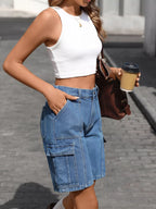 High-Waisted Wash Denim Shorts