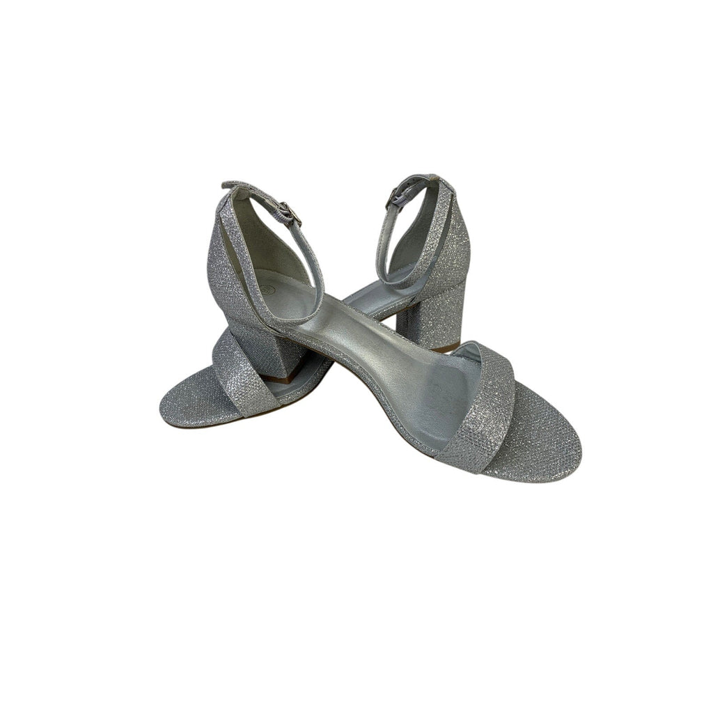 Womens Size 9 Silver Glitter 2.5" Chunky Heel Open Round Toe Ankle Strap Shoes