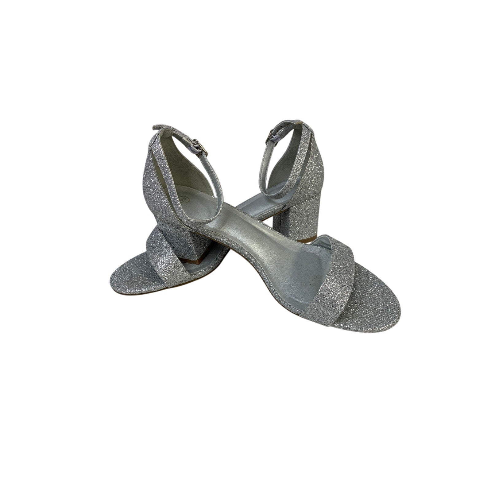 Womens Size 9 Silver Glitter 2.5" Chunky Heel Open Round Toe Ankle Strap Shoes