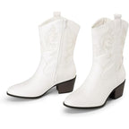 Dream Pairs Womens 8 White Faux Leather Mid Calf Cowgirl 2.5" Heel Boot Shoes