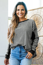Khaki Stripe Thermal Knit Drop Shoulder Casual Top
