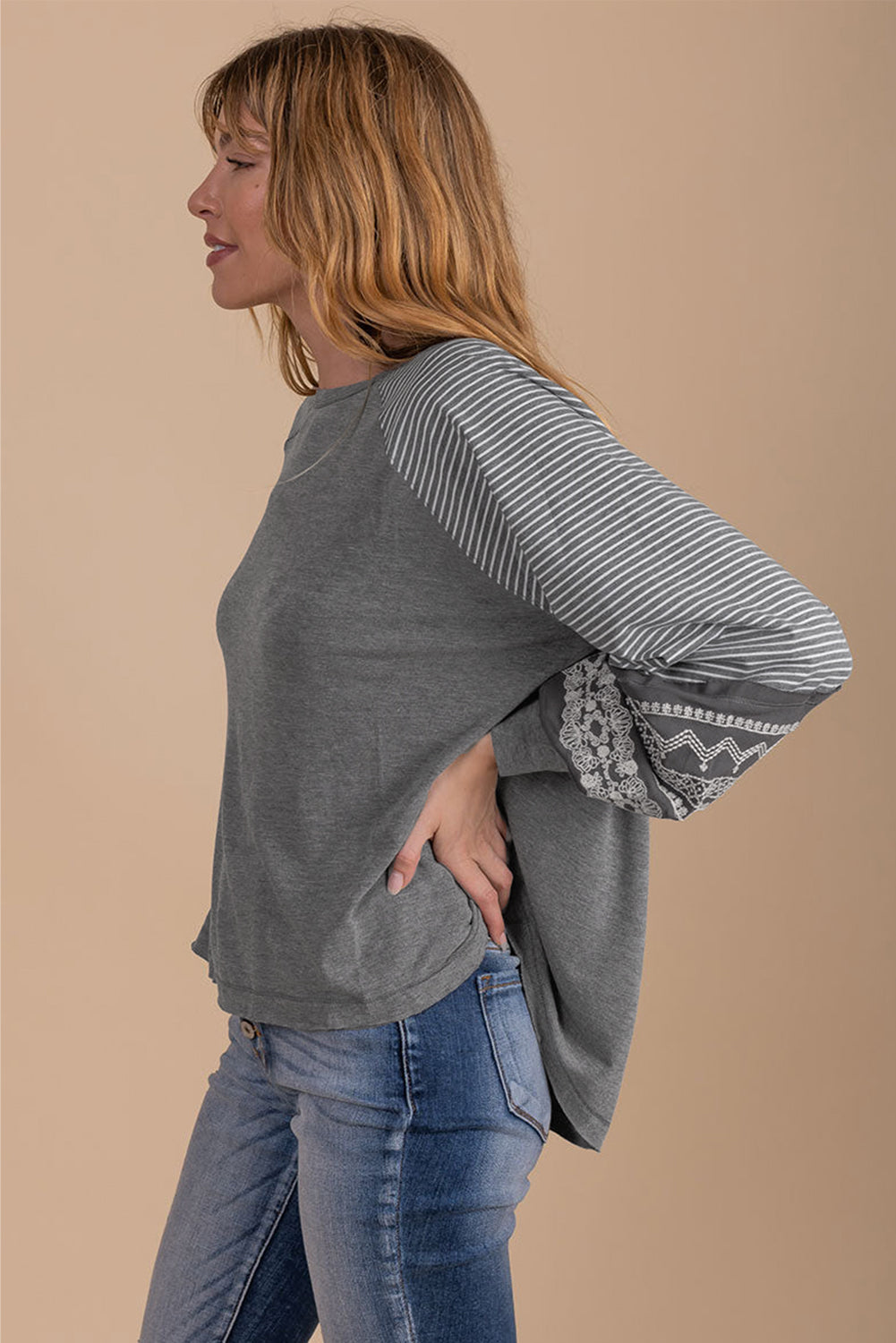Tillandsia Purple Contrast Print Striped Raglan Long Sleeve Loose Top