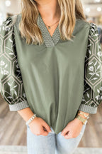 White Floral Puff Sleeve Contrast V Neck Patchwork Blouse