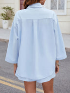 Button Up Long Sleeve Top and Shorts Set