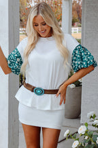 White Contrast Floral Puff Sleeve Oversized Top