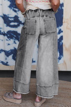 Prussian Blue Drawstring Seam Detail Raw Hem Wide Leg Denim Pants