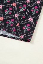 Black Contrast V Neckline Bracelet Sleeve Vintage Floral Blouse