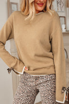 Black Leopard Bow Decor Split Cuff Contrast Trim Sweater
