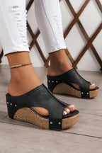 Chestnut Hollow Out Studded PU Leather Wedge Slippers