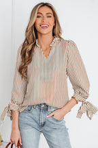 Straw Yellow Striped Print Tied Cuffs Split Neck Seersucker Blouse