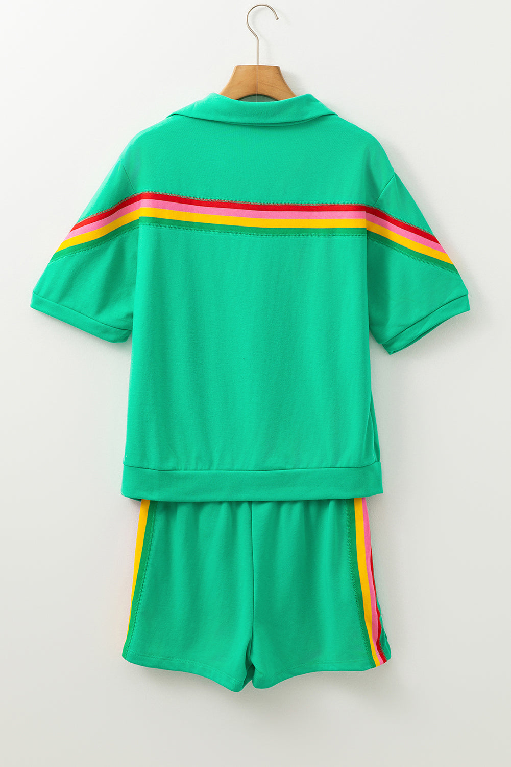 Sky Blue Rainbow Colorblock Collared Short Sleeve Top 2 Piece Shorts Set