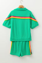 Sky Blue Rainbow Colorblock Collared Short Sleeve Top 2 Piece Shorts Set