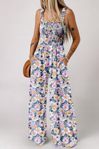 Green Floral Square Neckline Stretch High Waist Jumpsuit