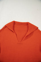 Racing Red Ribbed Edge Collared V Neck Loose Fit Sweater