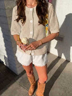 Women's Hollow-Out Knit Cardigan – Open Front, Short Sleeve, Solid Color