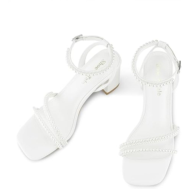 Shoe'N Tale Womens 5 White Pearl Open Toe Ankle Strap 3" Block Heel Sandal Shoes