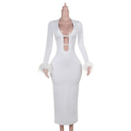 New sexy White Autumn U bust line Hollow Feather sleeves Long Dress for women
